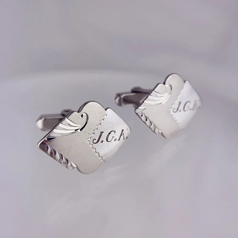 Sterling Silver J G K Monogram Cufflinks Initial Diamond Scroll Swoop Vintage K1